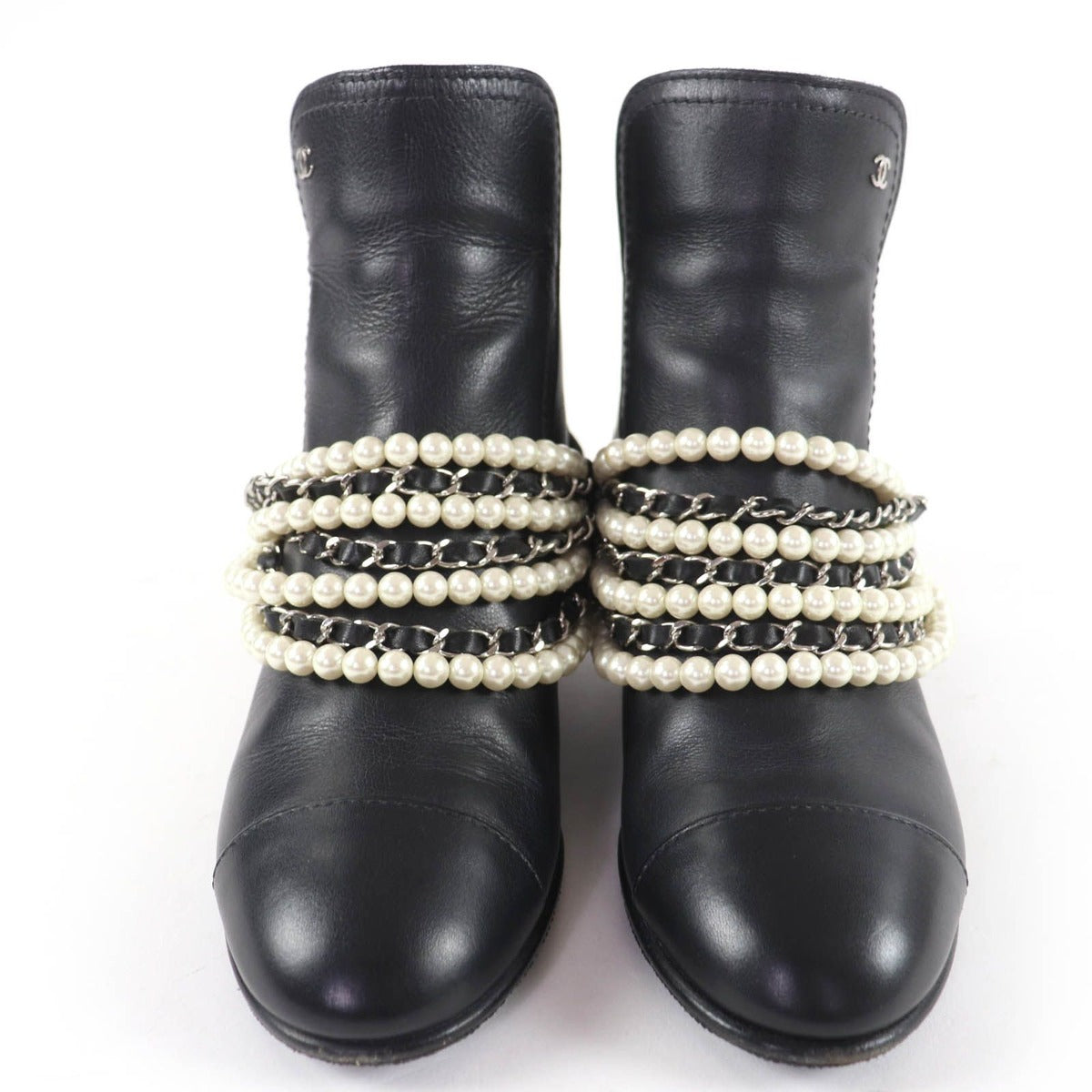 Chanel CC Logo Faux Pearl Chain Leather Short Boots Black 36 — view 4