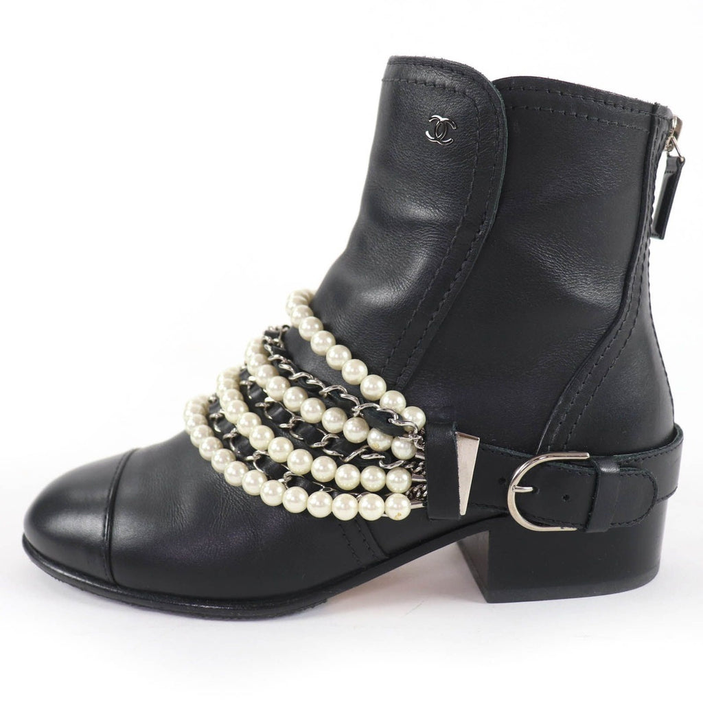 Chanel CC Logo Faux Pearl Chain Leather Short Boots Black 36 — view 5