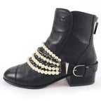 Chanel CC Logo Faux Pearl Chain Leather Short Boots Black 36 — view 5