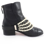 Chanel CC Logo Faux Pearl Chain Leather Short Boots Black 36 — view 6