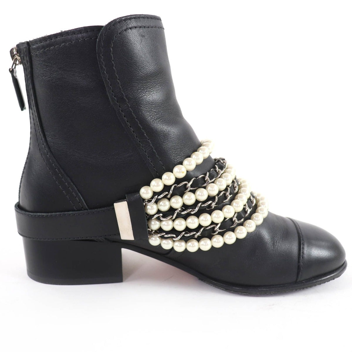 Chanel CC Logo Faux Pearl Chain Leather Short Boots Black 36 — view 6