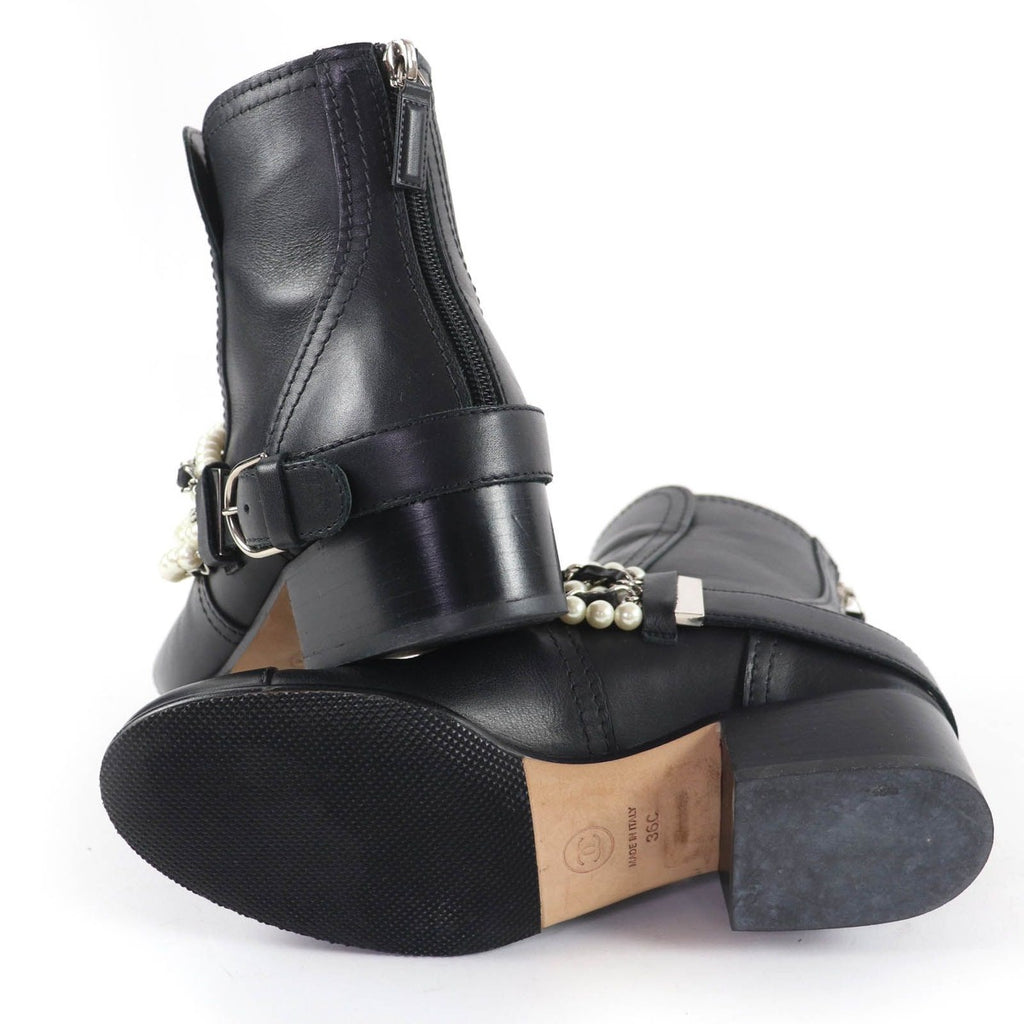 Chanel CC Logo Faux Pearl Chain Leather Short Boots Black 36 — view 7