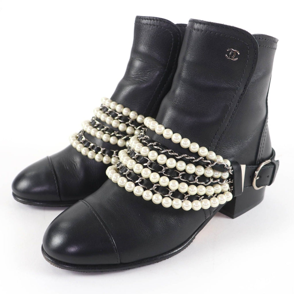 Chanel CC Logo Faux Pearl Chain Leather Short Boots Black 36