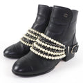 Chanel CC Logo Faux Pearl Chain Leather Short Boots Black 36