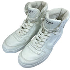 Prada High Cut Sneakers Lace Up Shoes Leather White Triangle Logo Sophistication