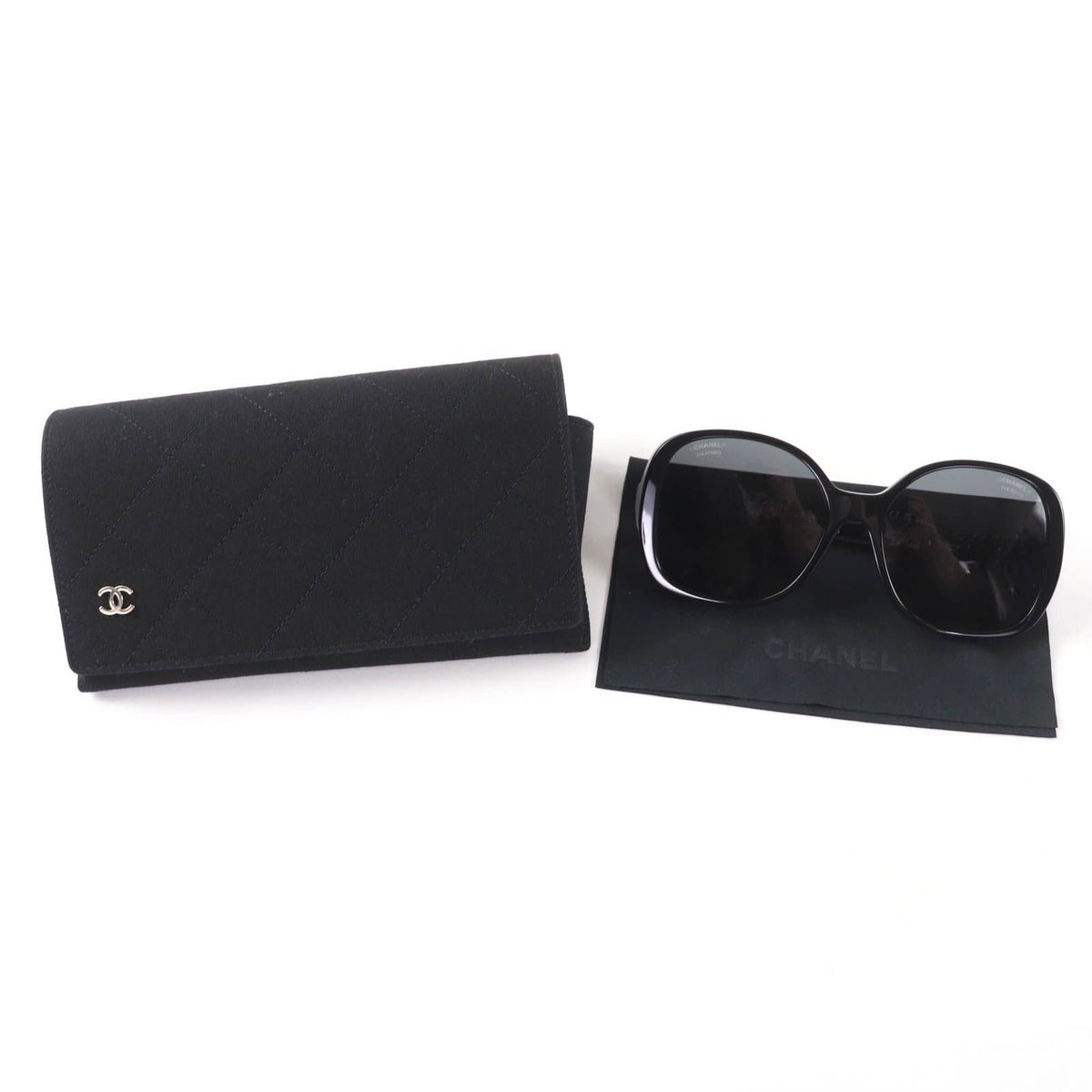 Chanel CC Logo Chain Enamel Leather Sunglasses Black 57 17 140 Made — view 2