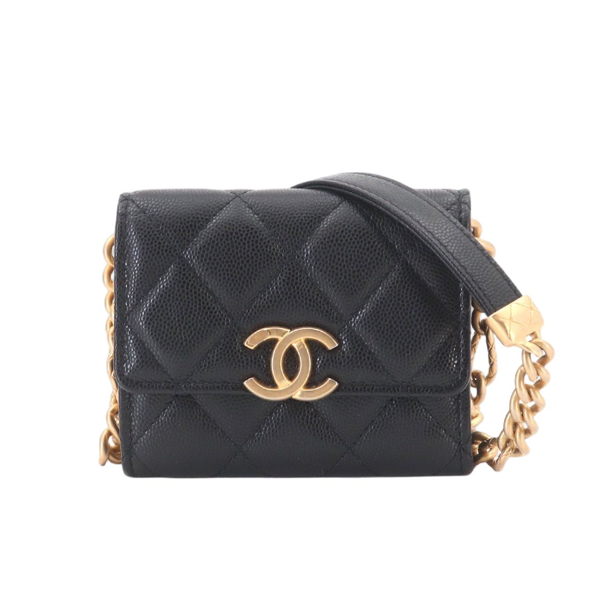 Chanel Quilted Bracelet on Chain Shoulder Card Case Caviar Leather Black