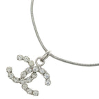 Chanel CC Logo Rhinestone Necklace Silver