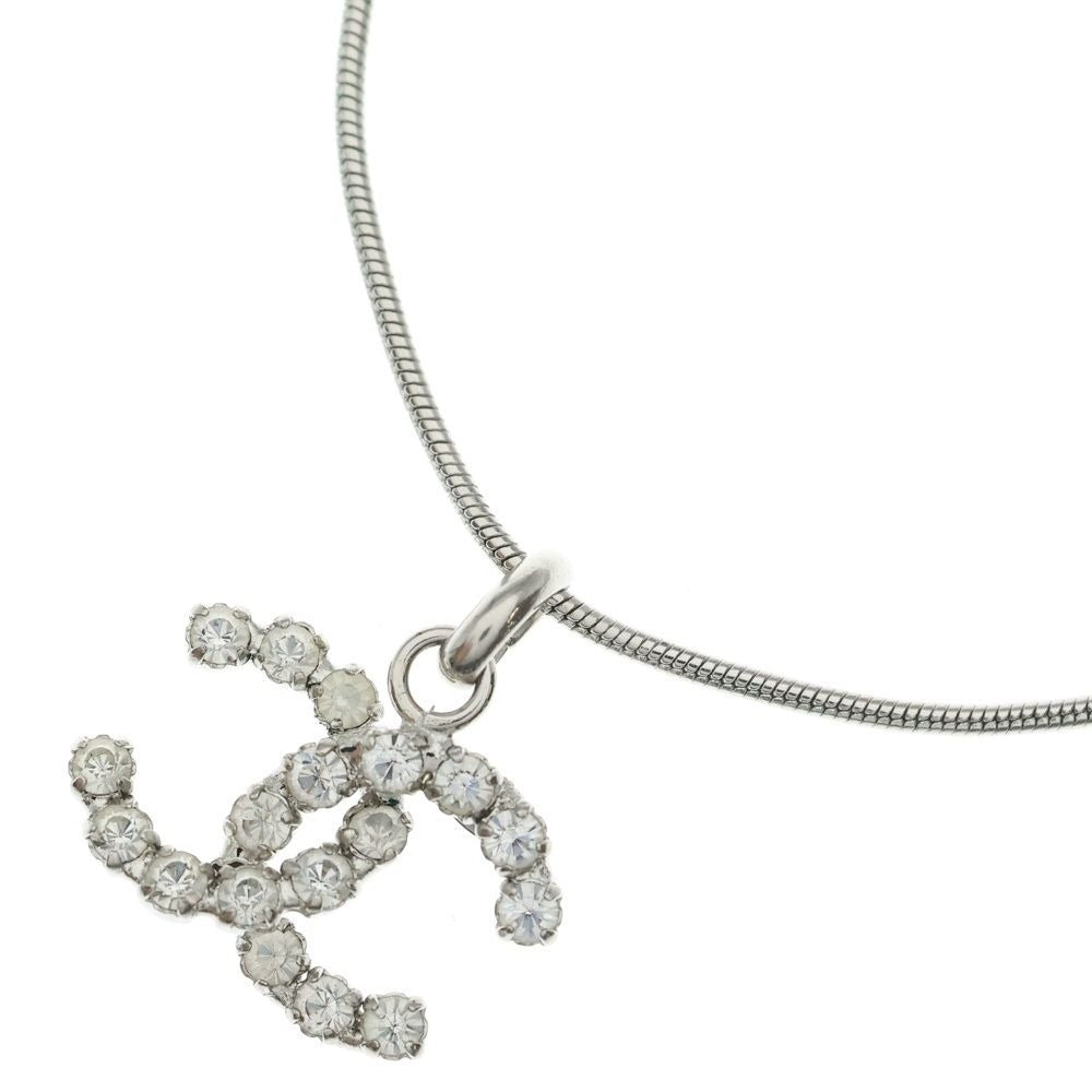 Chanel CC Logo Rhinestone Necklace Silver