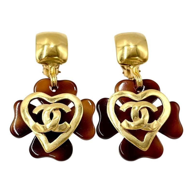 Chanel Earrings Set 95 P Coco Mark Clover Gold Brown Vintage