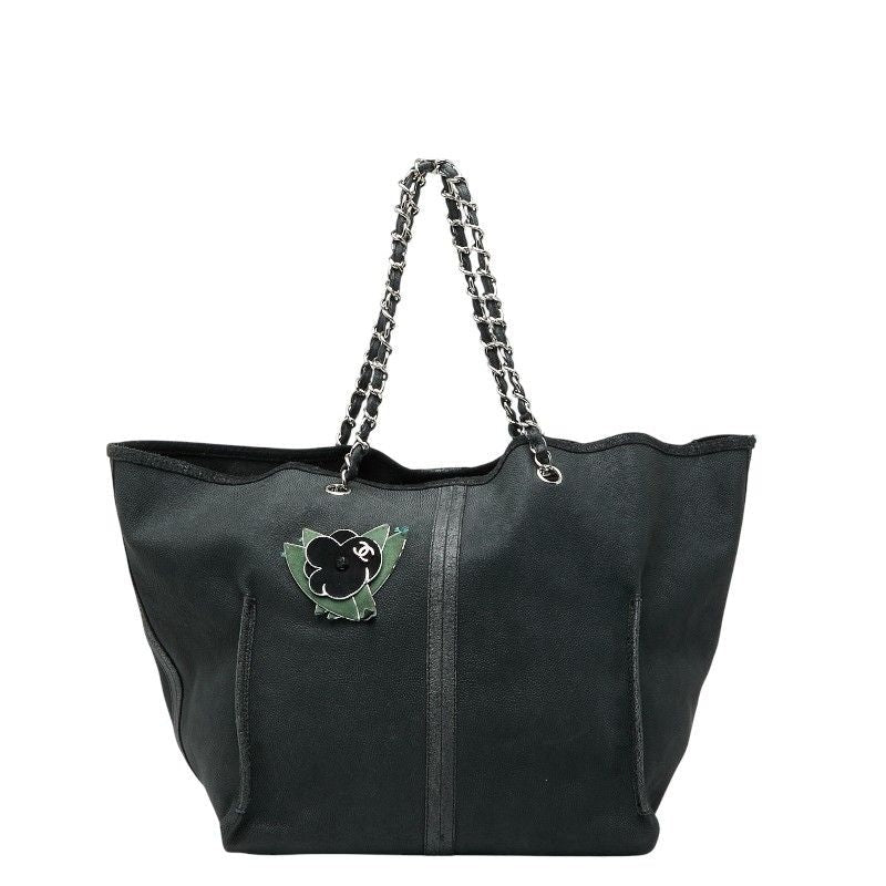 Chanel Camellia Chain Tote Bag Black Green Caviar Leather