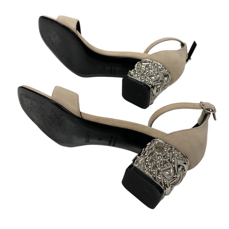 Hermes Gram 60 Sandals Shoes Suede Beige Silver Chaine D'ancre Metal Heel Strap — view 6