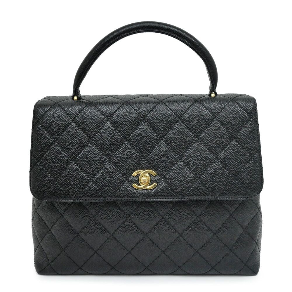 Chanel Quilted Top Handle Black Gold Caviar Leather Handbag