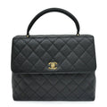 Chanel Quilted Top Handle Black Gold Caviar Leather Handbag