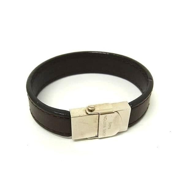 Louis Vuitton Bracelet Clip It Brown Leather Bangle Silver