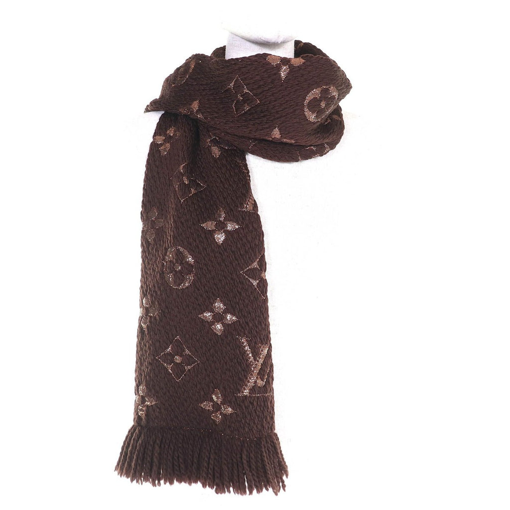 Louis Vuitton Logomania Scarf Shine Wool Silk Muffler Brown — view 3