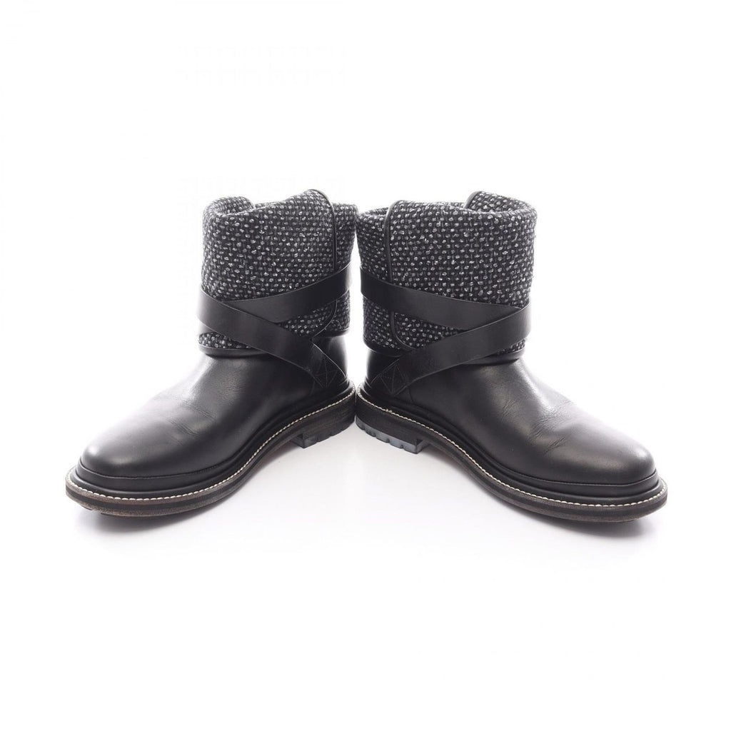 Chanel Boots CC Logo Black Blue Fabric Leather Tweed Engineer — view 3