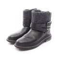 Chanel Boots CC Logo Black Blue Fabric Leather Tweed Engineer