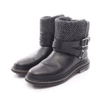 Chanel Boots CC Logo Black Blue Fabric Leather Tweed Engineer