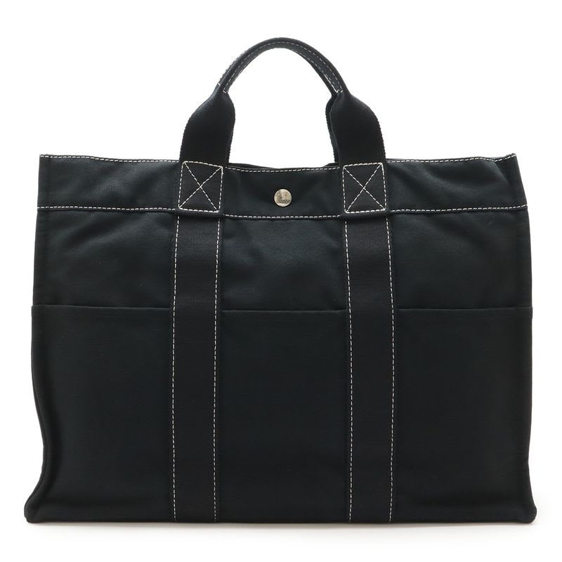 Hermes Deauville MM Tote Bag Large Handbag Canvas Black Silver Hardware