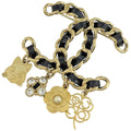 Chanel CC Logo Brooch Camellia Clover Gold Plated Black