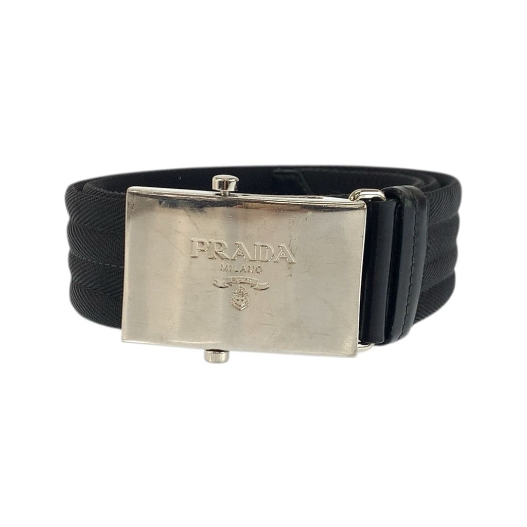 Prada Black Silver Nylon Belt Rolla Buckle