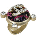 Chanel CC Logo Rhinestone Ring Tweed Gold Plated Multicolor