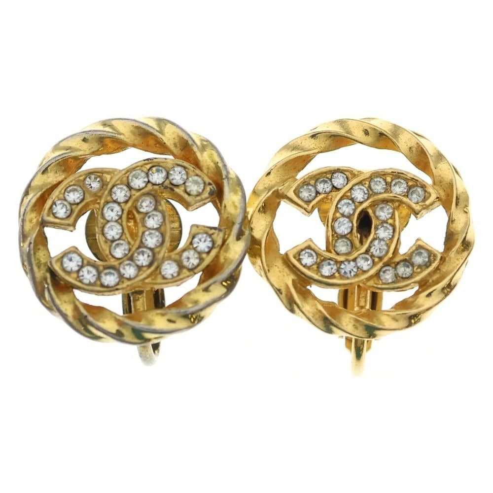 Chanel CC Logo Earrings Rhinestone Gold Plated