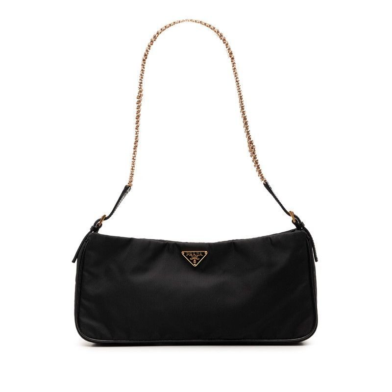 Prada Chain Shoulder Bag Black Gold Nylon Leather