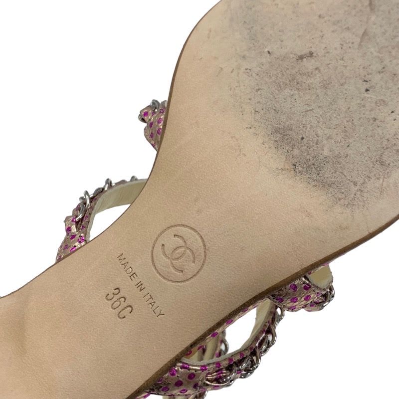 Chanel Sandals Shoes Leather Pink Silver Coco Mark Chain Dot Metallic — view 8