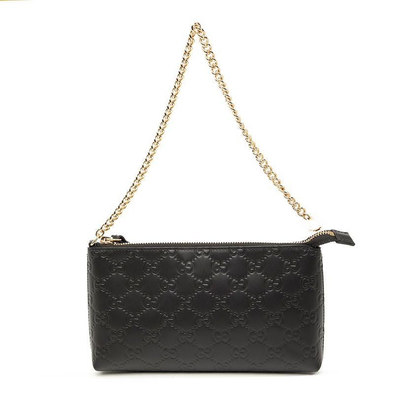 Gucci Guccissima Chain Shoulder Bag Wrist Wallet Black Leather