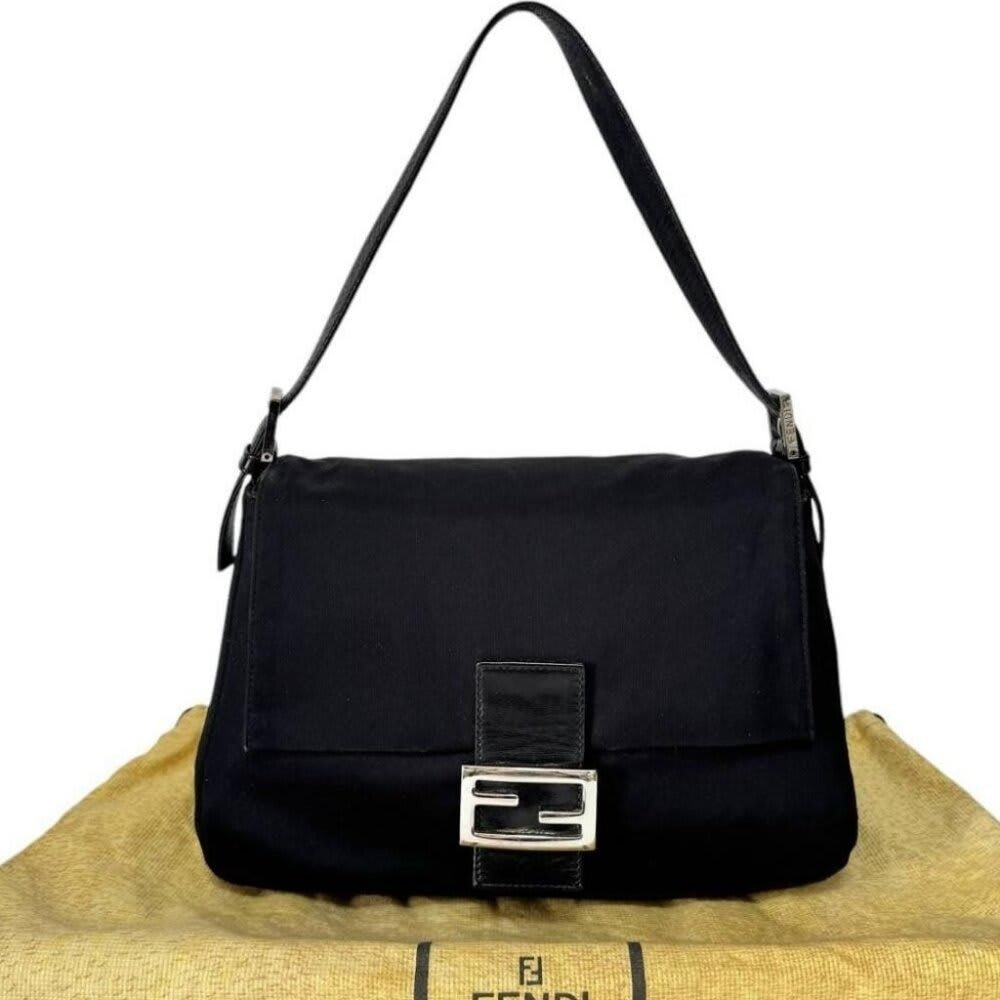 Fendi Mamma Zucca Bucket Baguette Shoulder Flap Bag Black Purse Tote