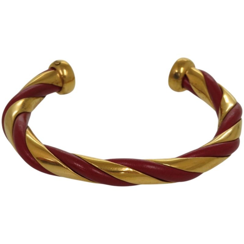 Hermes Twisted Metal Leather Red Gold Hardware Bangle 0079 — view 2