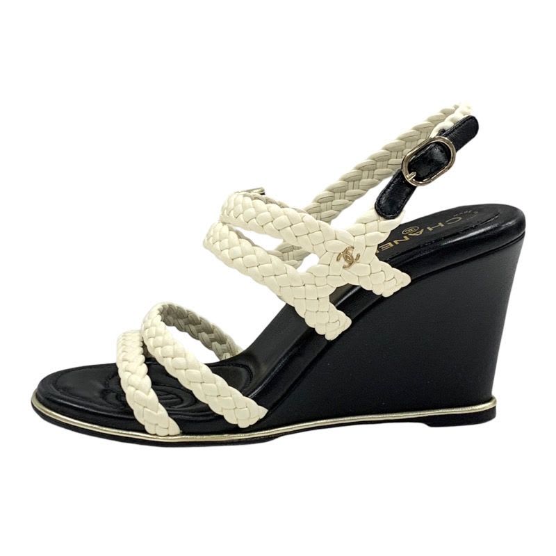 Chanel Sandals Shoes Lambskin White Black Coco Mark Braided Wedge Sole — view 3