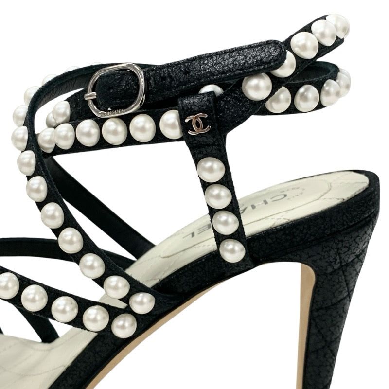 Chanel Sandals Shoes Leather Black White Coco Mark Pearl Quilted Strap — view 9