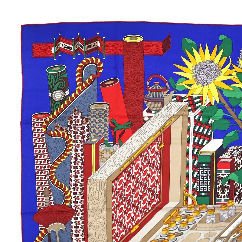 Hermes Carre 140 LES Tresors D UN Artiste Scarf Cashmere Silk Blue — view 6