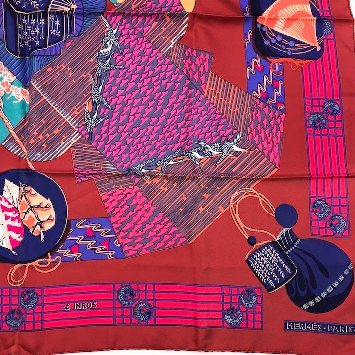 Hermes Carre 90 Scarf Silk 100% Kimono and Inro Red — view 8