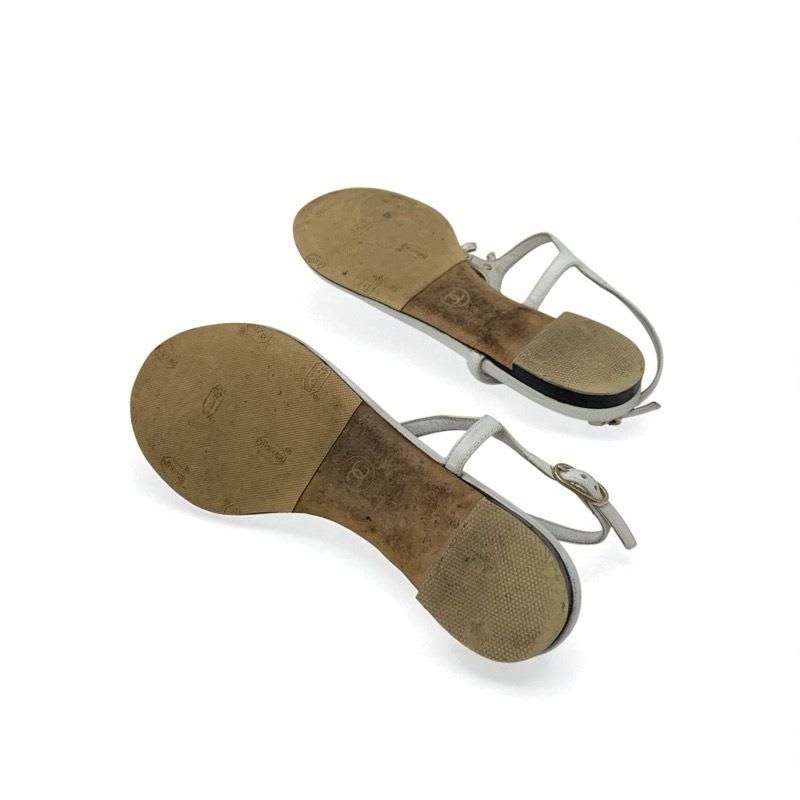 Chanel Sandals Shoes Leather White Gold Coco Mark Rhinestone Strap Thong — view 6