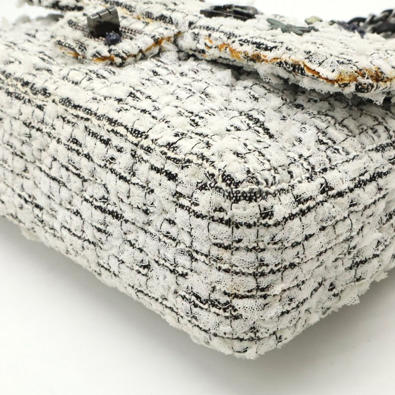 Chanel 255 Tweed Double Flap Chain Bag Shoulder Flower Motif Leather White Black — view 3