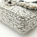 Chanel 255 Tweed Double Flap Chain Bag Shoulder Flower Motif Leather White Black — view 3