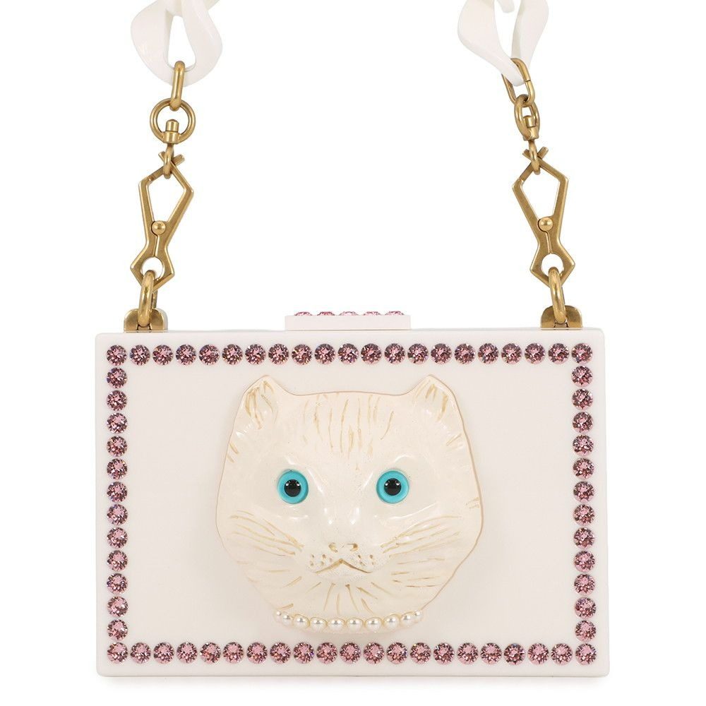 Gucci Shoulder Bag Cat Plastic Rhinestone Faux Pearl White