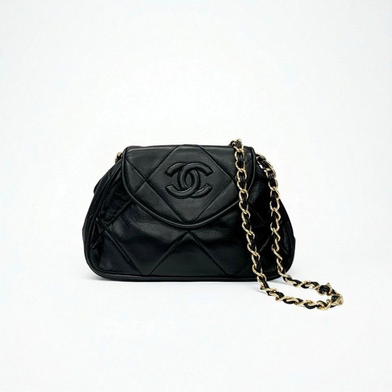 Chanel Bag Shoulder Lambskin Black Gold Quilted Chain