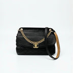 Chanel Bag Shoulder Leather Black Gold Quilted Turn Lock Double