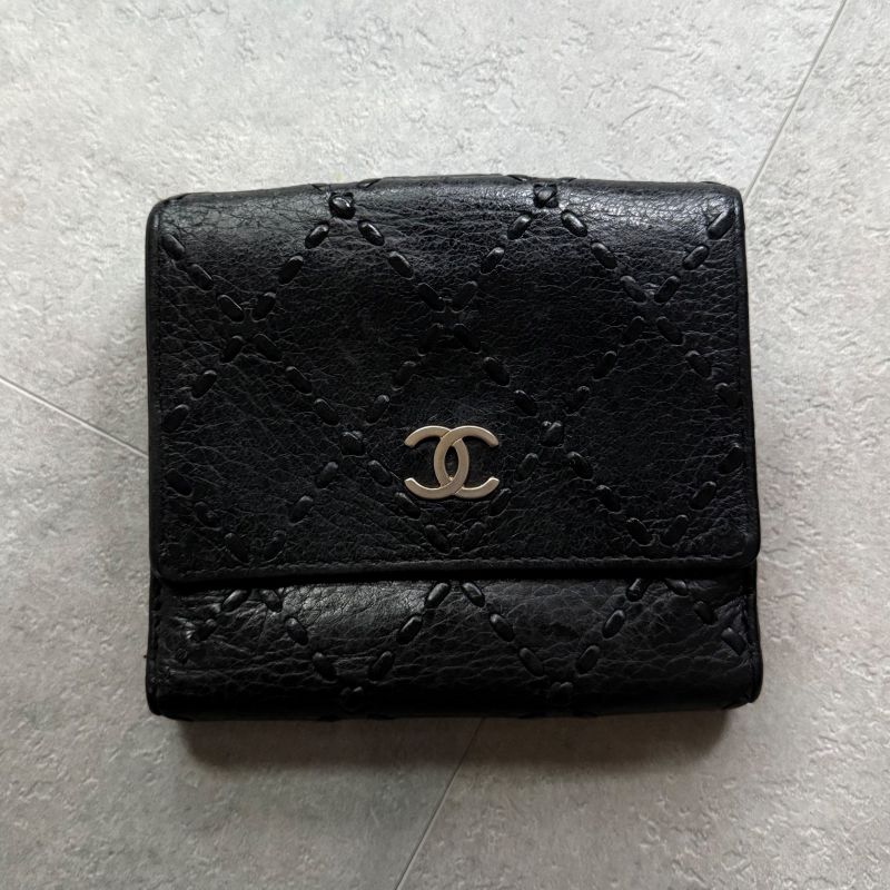 Chanel Stitching Coco Mark W Hook Bifold Wallet Leather Black Compact — view 6