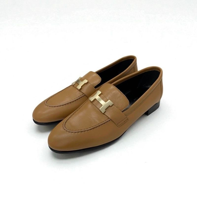 Hermes Paris Loafer Leather Shoes Natural Moccasins Hhardware