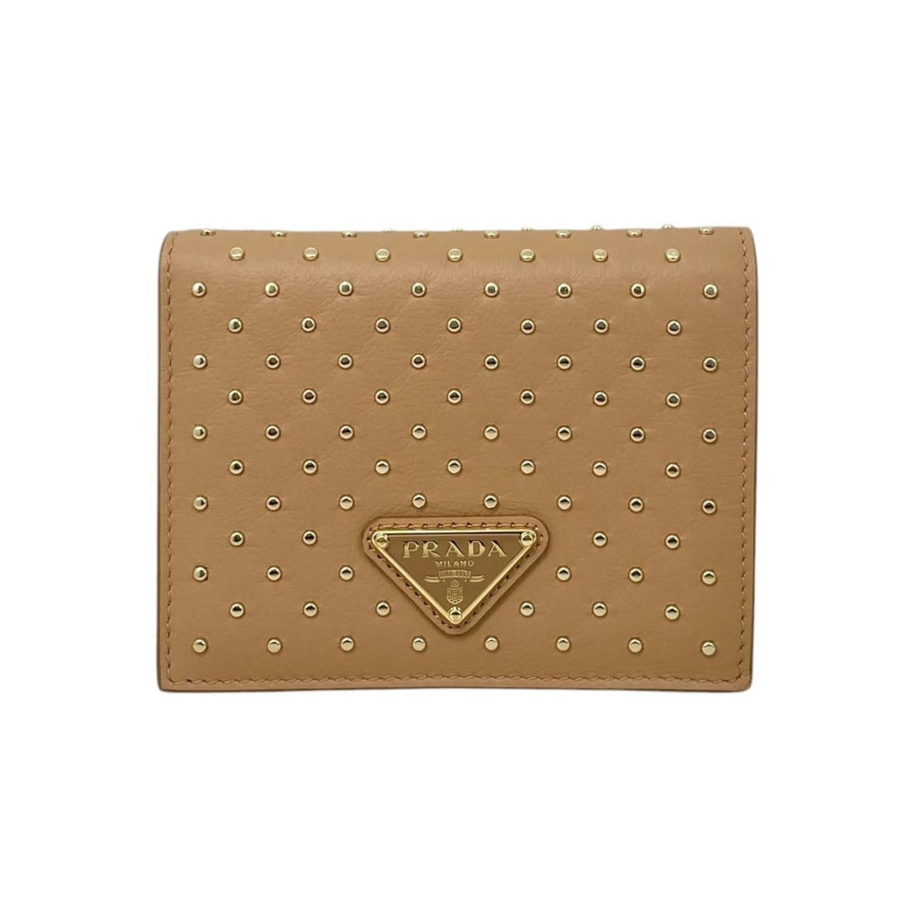 Prada Bifold Wallet Studded Leather Triangle Logo Natural Beige Gold