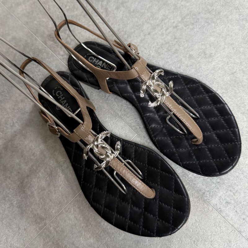 Chanel Thong Sandals Quilted Coco Mark Flat Shoes Black Beige Silver — view 2