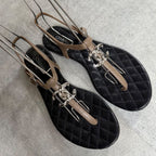 Chanel Thong Sandals Quilted Coco Mark Flat Shoes Black Beige Silver — view 2