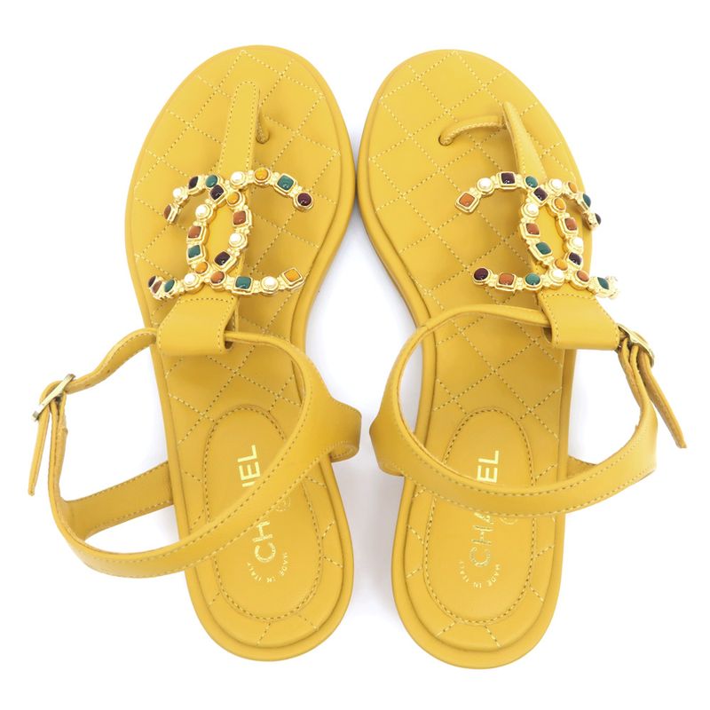 Chanel Flat Sandals Yellow 38 C Visual Coco Mark Shoes — view 6