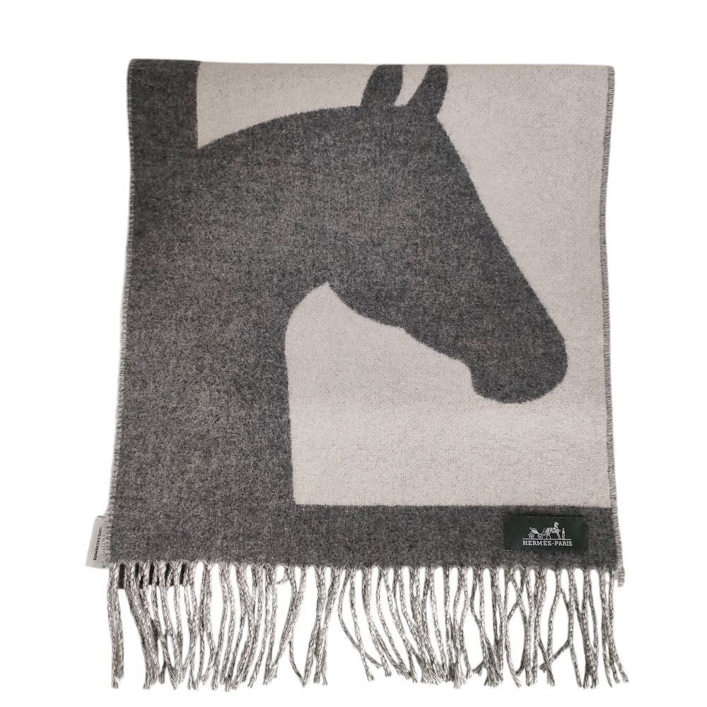 Hermes Cashmere Love Story Horse Pattern Fringe Scarf Gray Off White